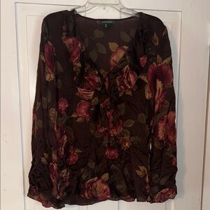 Lauren Ralph Lauren Floral Blouse Chocolate Brown Large Ruffle Poet Flare Sleeve
